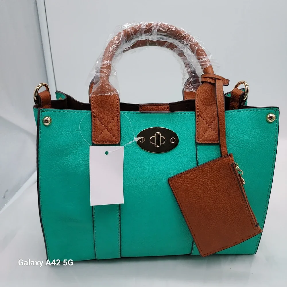 Teal Pebbled Faux Leather Satchel Handbag Set with Pouch and Cognac Trim
